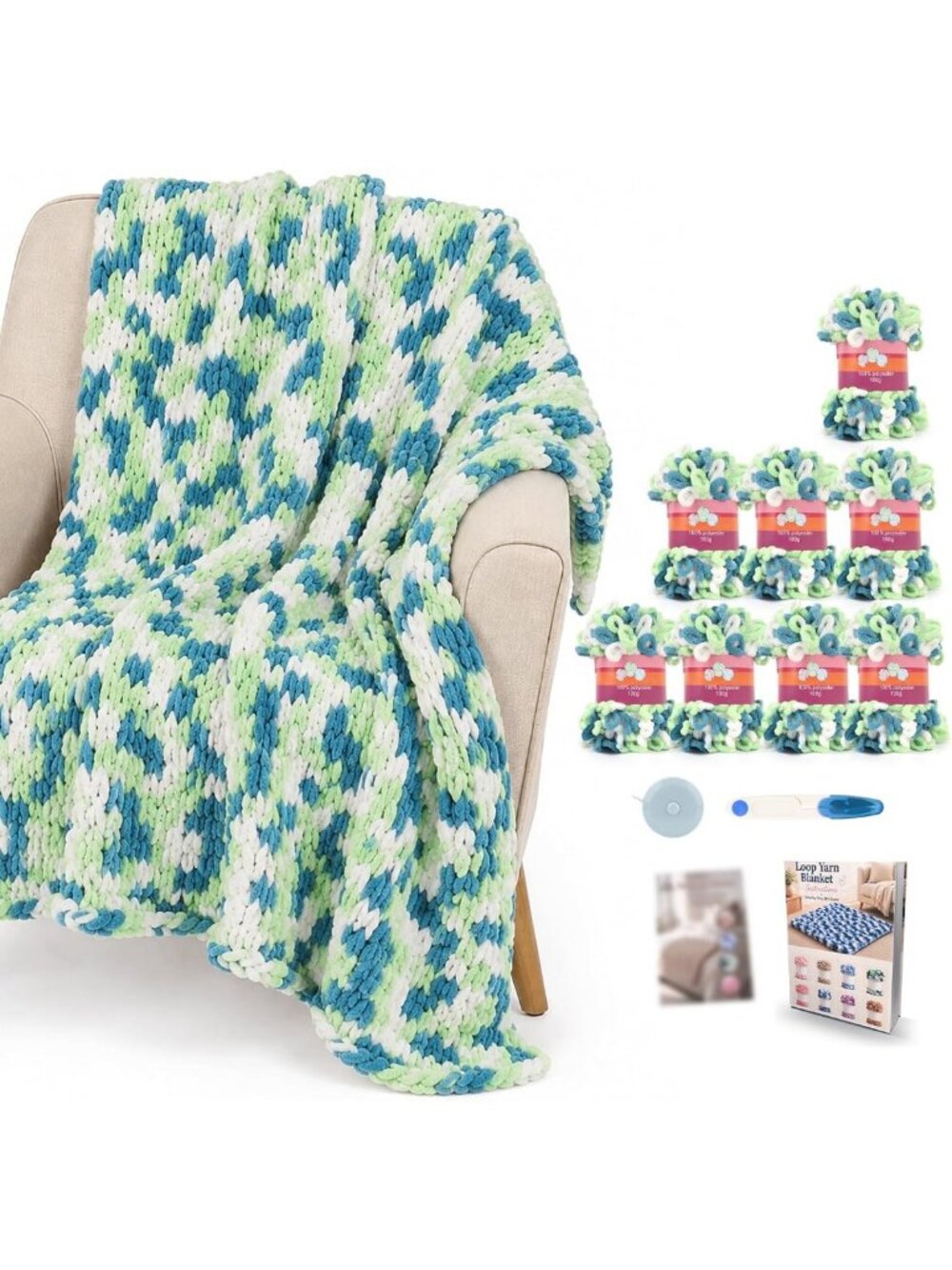 Cozy Crochet Blanket Kit for Beginners - Green Chenille Loop Yarn, 800g